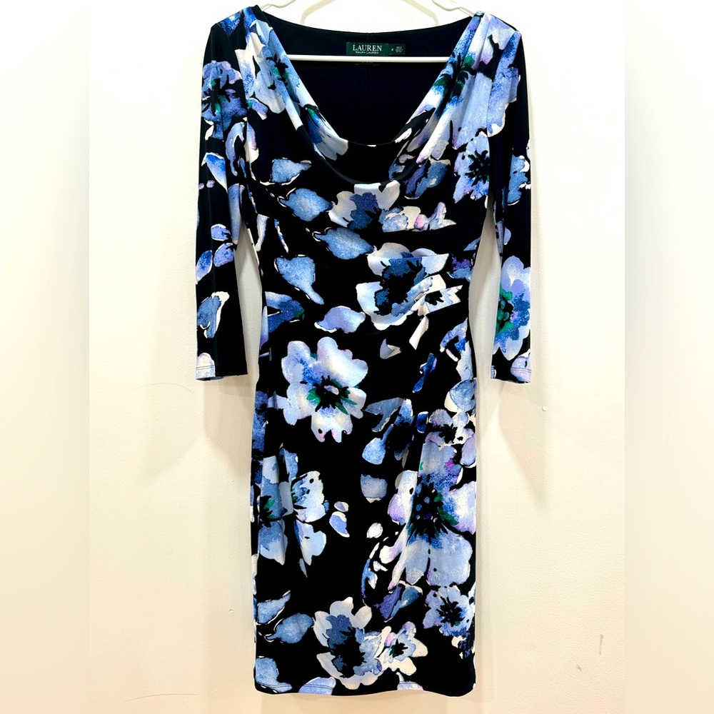 Lauren Ralph Lauren Black Blue Floral 3/4 Sleeve Draped Ruched Dress